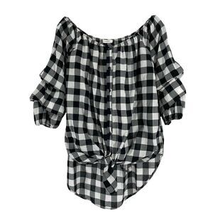 Off The Shoulder Gingham Plaid Top Black White Ruffle Sleeve Front Knot Size S